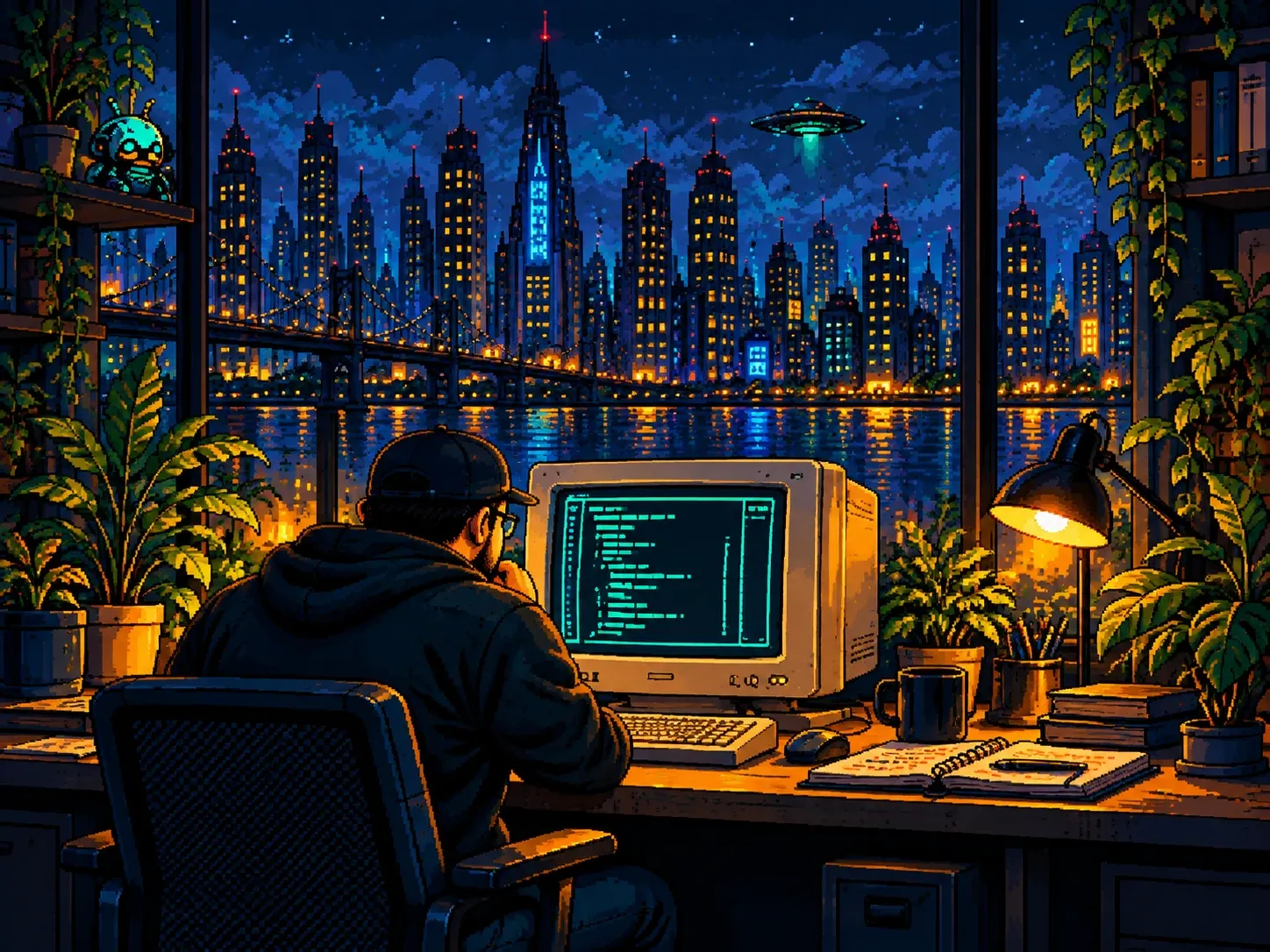 Pixel-art scene of a person at a desk working on a retro computer, looking out over a night city skyline.