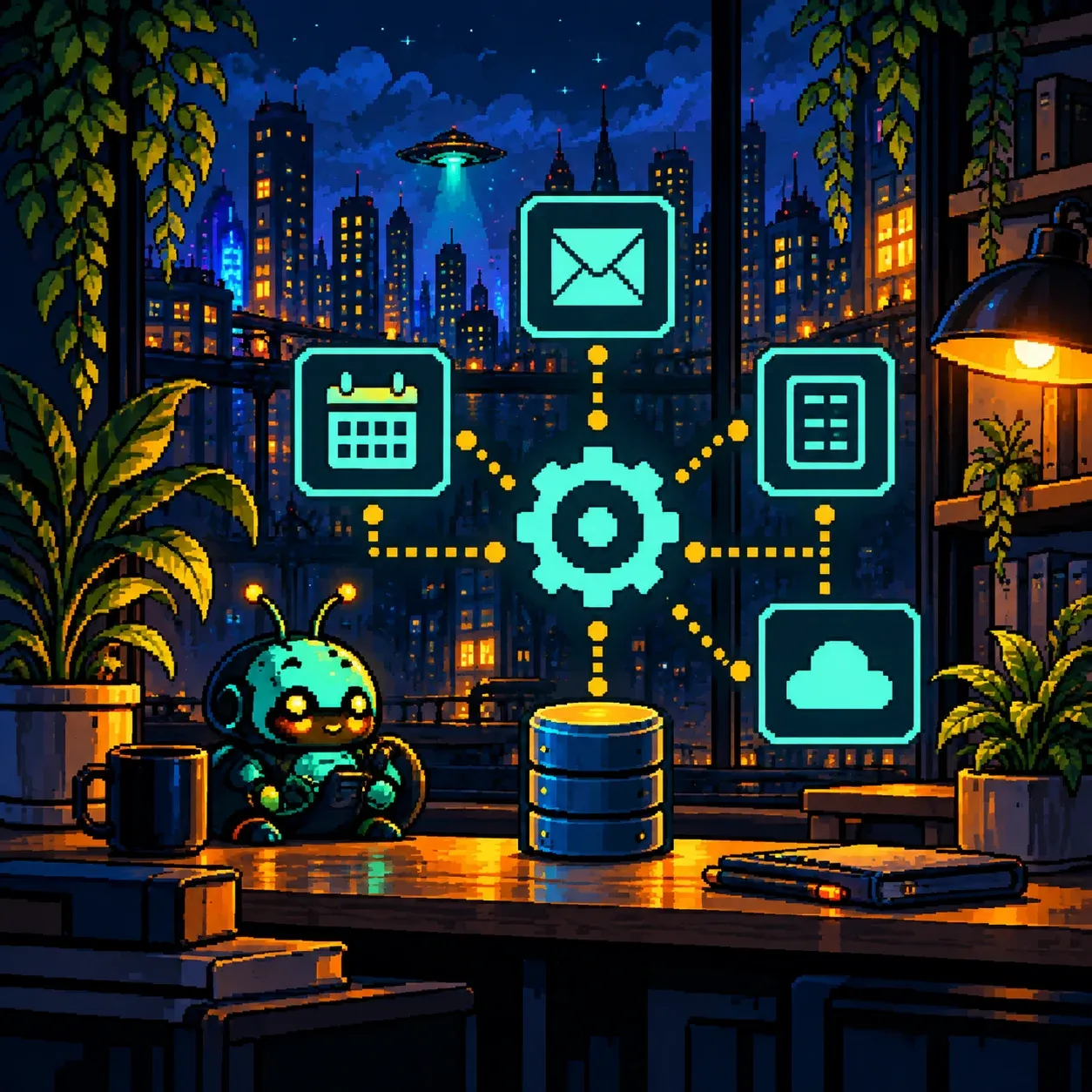 Pixel-art workflow: a gear linked to email, calendar, document and cloud icons, with a small bug mascot beside it.