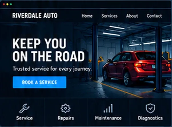 Concept homepage for an auto care website: "Keep you on the road" with a book-a-service button and a list of services.