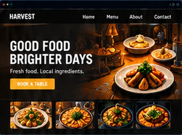 Concept homepage for a restaurant website: "Good food, brighter days" with a book-a-table button and photos of dishes.