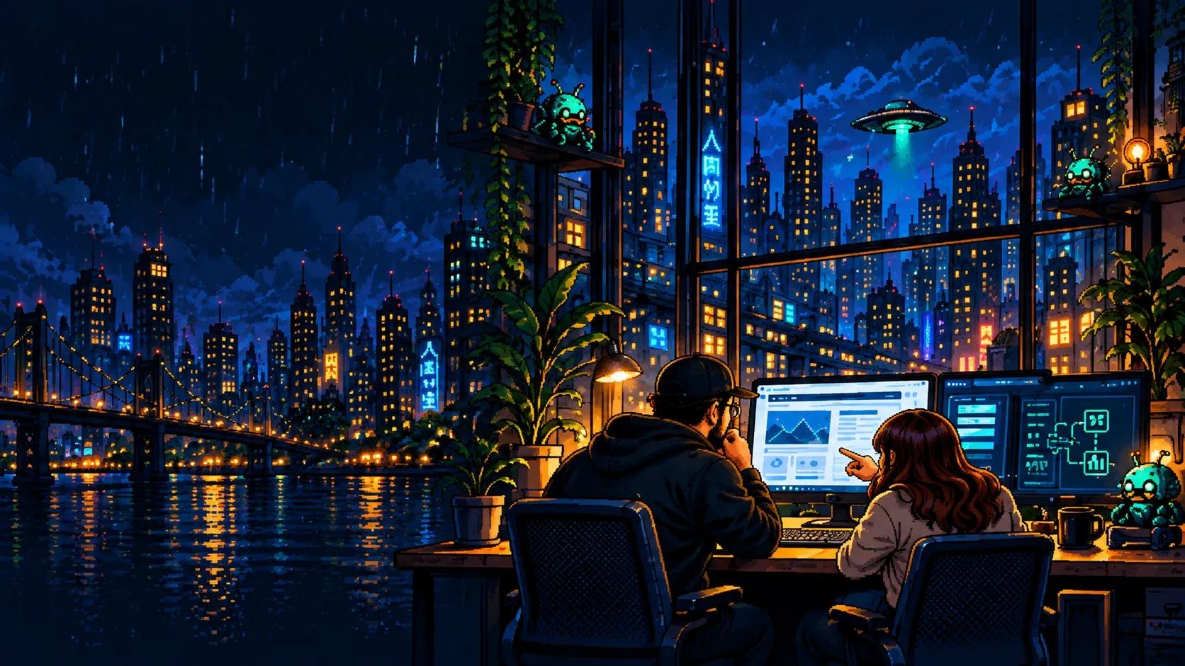 Pixel-art night city scene: two people review a website dashboard together at a desk beside a large window.