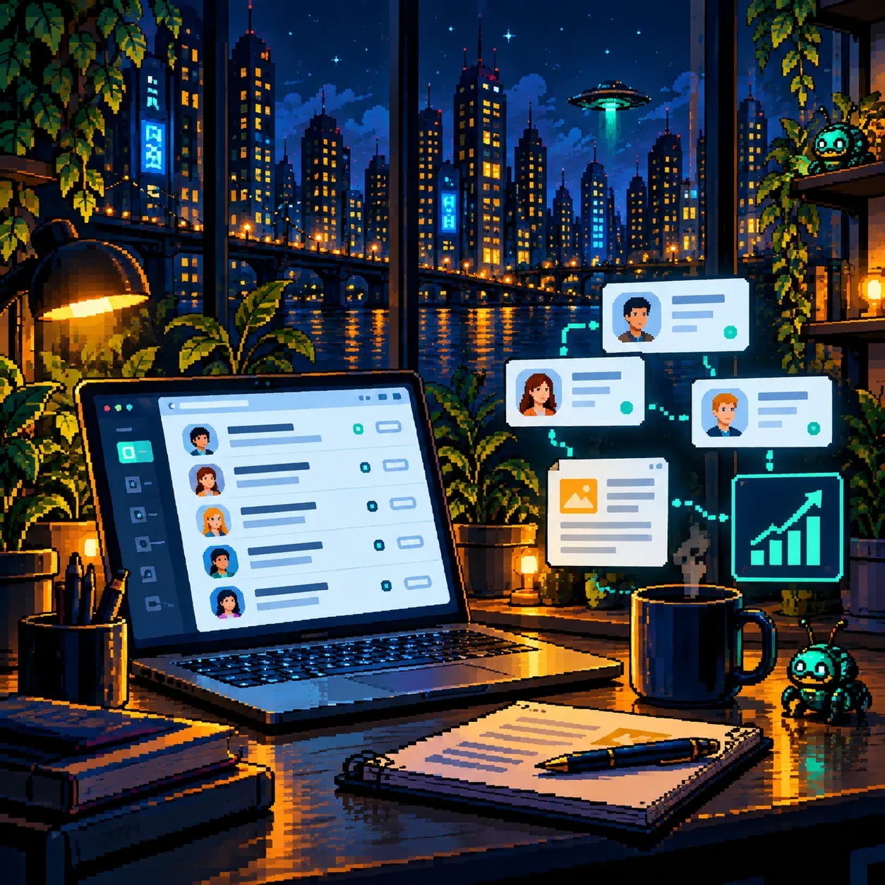 Pixel-art laptop showing a list of customer contacts, with lead cards and a growth chart floating beside it.