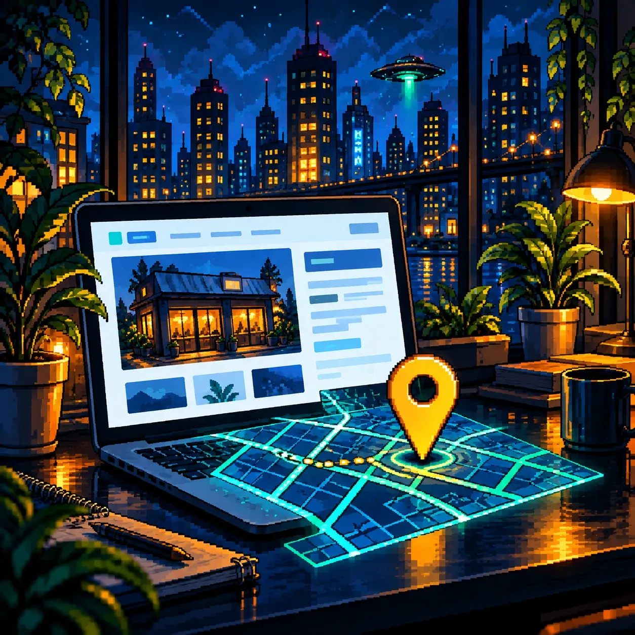Pixel-art laptop showing a local business website, with a glowing map pin over a street map.